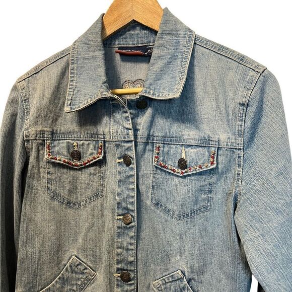 DENVER HAYES Denim Beaded Detail Button Up Stretch Jean Jacket M - Picture 2 of 8
